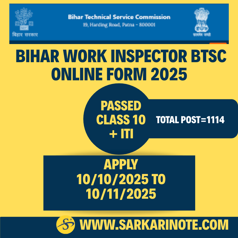 Bihar Work Inspector BTSC Online Form 2025-1114 Post